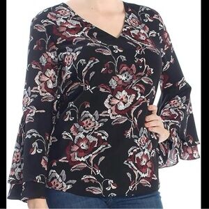 Alfani 24W Women's Black Floral V-Neck Bell Sleeve Top